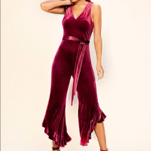 Betsey Johnson Pants - Betsey Johnson Maroon Velvet Ruffle Hem Jumpsuit